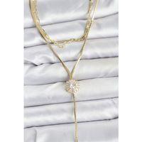 Pirinç Gold Renk Zirkon Taşlı Papatya Model Detaylı 3'lü Kombin Y Kadın Kolye