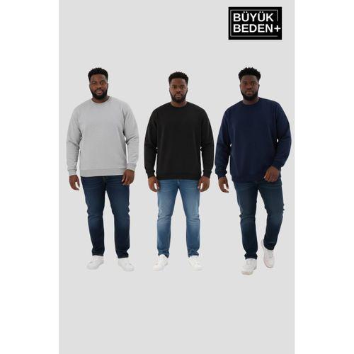 Erkek Büyük Beden İkili Bisiklet Yaka 3 lü Set -Rahat Kalıp İnce Sweatshirt SPR26BSW956+3