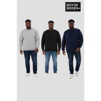 Erkek Büyük Beden İkili Bisiklet Yaka 3 lü Set -Rahat Kalıp İnce Sweatshirt SPR26BSW956+3
