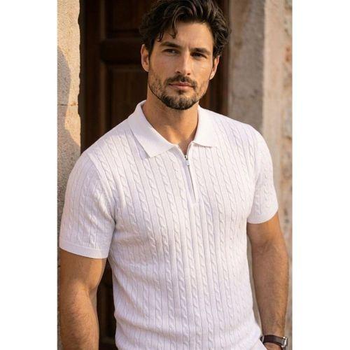 Burke Saç Örgü Yarım Fermuarlı Kısa Kollu İnce Triko Erkek T-Shirt - Ekru