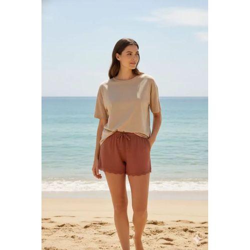 Bambu Fitilli Kadın Ev Şortu Bacak Dantel Detaylı Ev Giyim Taba