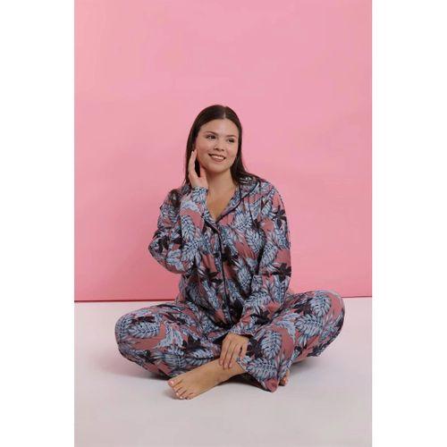 Kadın Büyük Beden Somon Yaprak Desenli Düğmeli Pijama Takımı