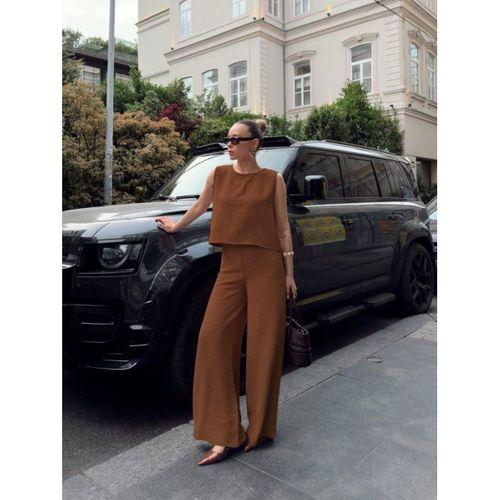 Kadın Geniş Paça Pantolon Ve Bluzlu Aerobin Kumaş Ikili Takım