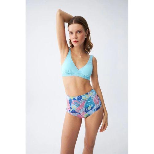 Kadın Pedli Üst Tropik Desenli Yüksek Bel Bikini Takımı - Buz Mavisi