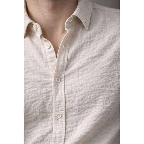 Pera Kumaş Keten Görünümlü Yarım Oversize Uzun kollu Erkek Gömlek - Taş