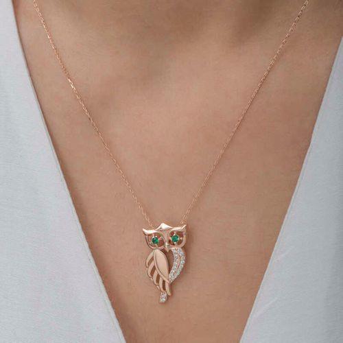 Gümüş Rose Yeşil Gözlü Baykuş Kadın Kolye
