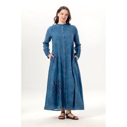 Uzun Kol Nuray Düğmeli Yuvarlak Yaka Çift Cepli Poplin Ferace İndigo indg