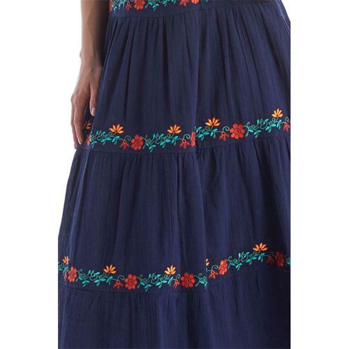 Kısa Kol Şile Bezi Lacivert V Yaka Nakışlı Uzun Yazlık Elbise