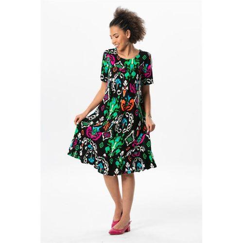 Kısa Kol Melda Viskon Desenli Midi Boy Yazlık Elbise Etnik Siyah Etnk syh