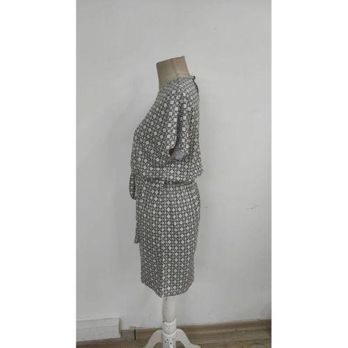 Kadın Kısa Kollu Yuvarlak Yaka Beli Kuşaklı Geometrik Desenli Süprem Elbise