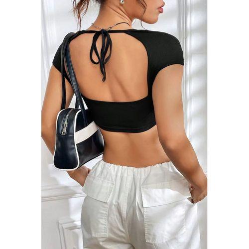 Kadın Siyah Sırt Dekolteli Ve Boyundan Bağlamalı Yarım Kol Crop Top Bluz