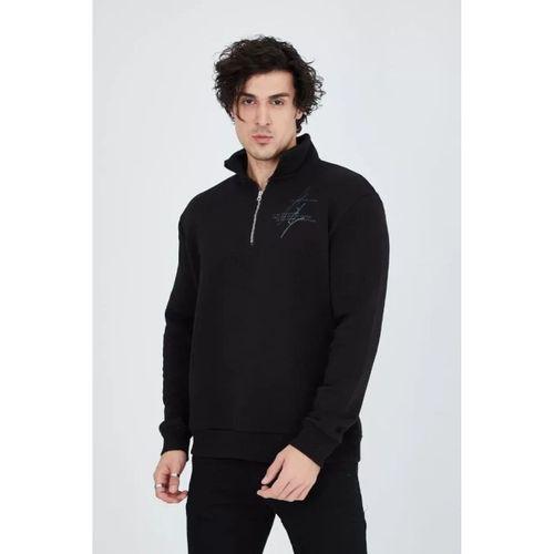 Erkek Yarım Fermuarlı Baskılı Sweat - Siyah