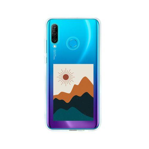 Huawei P30 Lite Mountain & Sun Desenli Premium Şeffaf Silikon Kılıf