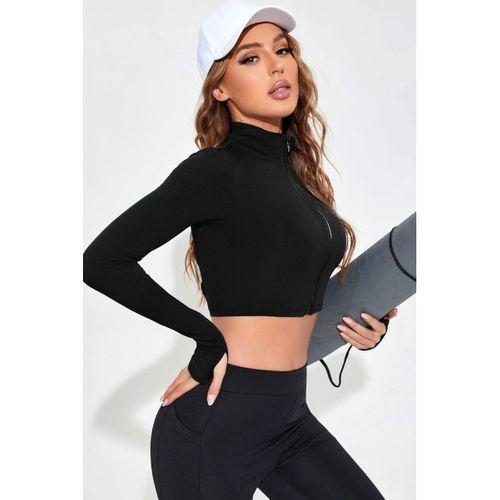 Kadın Siyah Dik Yaka Fermuarlı Uzun Kollu Parmak Geçmeli Crop Top Spor Bluz
