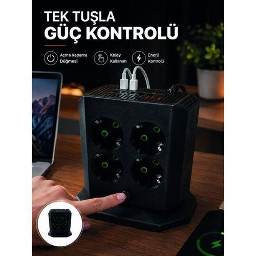 Akım Korumalı 8'li Dikey Priz 4 Usb 2 Type-c Hızlı Şarj Destekli Çoklu Priz