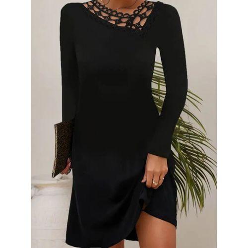 Kadın Uzun Kollu Dantel Yaka Ithal Krep Mini Elbise