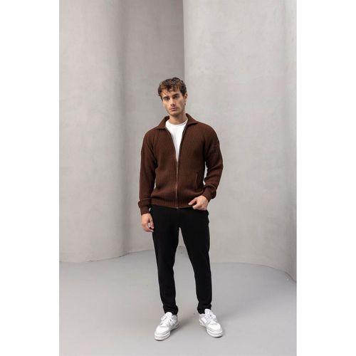 Coppola Selanik Örgü Polo Yaka Cepli Fermuarlı Rahat Kalıp Erkek Triko Hırka - Kahve