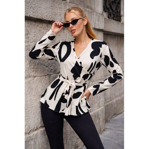 Kadın Uzun Kollu Kruvaze Yakalı Yandan Bağlamalı Kısa Beli Kuşaklı Modal Bluz