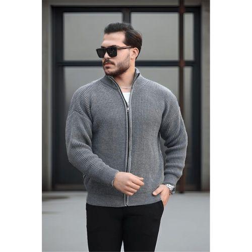 Oversize Selanik Örme Fermuarlı Erkek Hırka- Füme