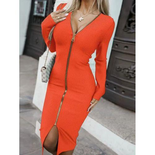 Kadın Uzun Kollu önden Fermuarlı Midi Ottoman Elbise