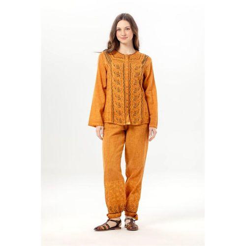 Katlanabilir Uzun Kol İnka Yuvarlak Yaka Yazlık Düğmeli Otantik Poplin Kadın Gömlek Hardal Hrd