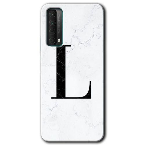 MRCİLETİSİM Huawei P Smart 2021 Kılıf HD Desen Baskılı Arka Kapak + Temperli Cam - Beyaz Mermer Desenli L Harfi