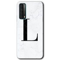 MRCİLETİSİM Huawei P Smart 2021 Kılıf HD Desen Baskılı Arka Kapak + Temperli Cam - Beyaz Mermer Desenli L Harfi