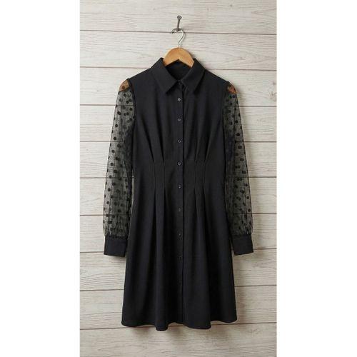 Kadın Uzun Kollu Yakalı Düğmeli Mini Ithal Krep Elbise