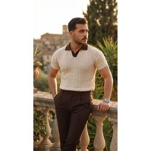 Erkek Desenli Kısa Kollu Triko Tişört - %100 Pamuk Akrilik