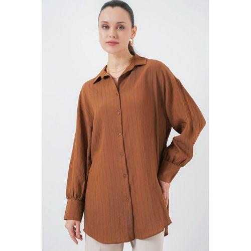 Çizgili Uzun Gömlek Tunik 5963 - Kahverengi