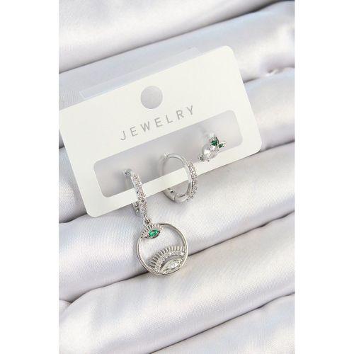 Pirinç Zirkon Taşlı Göz Ve Baykuş Model Gümüş Renk 3'lü Çift Kadın Küpe Set
