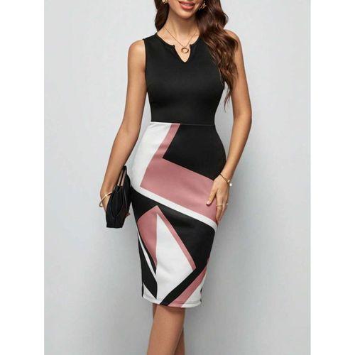 Kadın Kolsuz V Yakalı Geometrik Desenli Midi Dalgıç Elbise