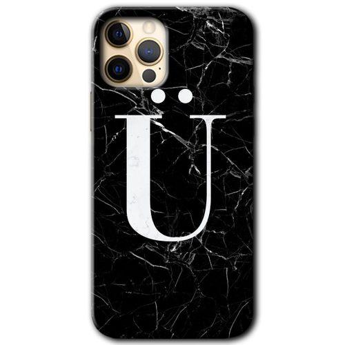 iPhone 12 Pro Max Kılıf HD Desen Baskılı Arka Kapak + Temperli Cam - Siyah Mermer Desenli Ü Harfi
