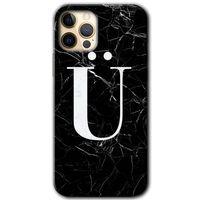 iPhone 12 Pro Max Kılıf HD Desen Baskılı Arka Kapak + Temperli Cam - Siyah Mermer Desenli Ü Harfi
