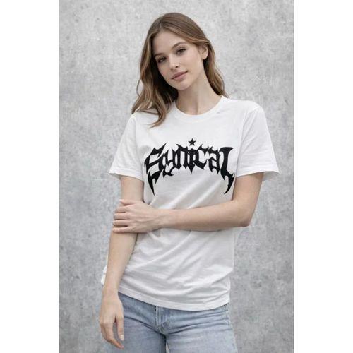 Bisiklet Yaka Ön Baskılı Kısa Kollu Tişört Streetwear Günlük Basic Pamuklu T-shirt - Beyaz