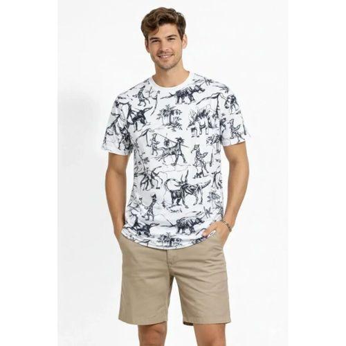 Erkek Beyaz Dinozor Desenli Tişört – Regular Fit, Bisiklet Yaka, Dijital Baskılı Pamuklu T-Shirt - Beyaz