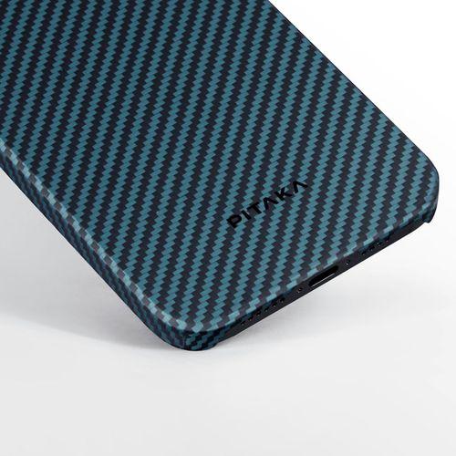 Apple iPhone 15 Pro Kılıf M-safe Şarj Özellikli 1500D Aramid Fiber Pitaka Ultra-Slim Classic Serisi Black-Blue Twill Kapak