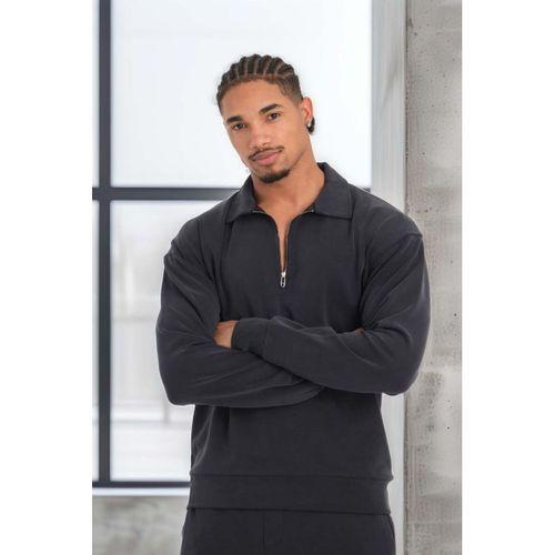 Scuba Modal Kumaş Relaxed Fit Yarım Fermuarlı Polo Yaka Erkek Sweatshirt - Siyah