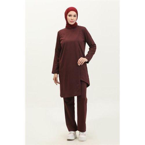 Kruvaze Bisiklet Yaka Sade Basic Tunik Panolon İkili Takım - 03076.020 - Mürdüm