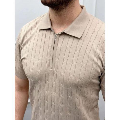 Erkek Yazlık Triko Saç Örgü Tişört Kısa Kol Polo Yaka Fermuarlı T-Shirt - Bej