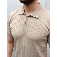 Erkek Yazlık Triko Saç Örgü Tişört Kısa Kol Polo Yaka Fermuarlı T-Shirt - Bej