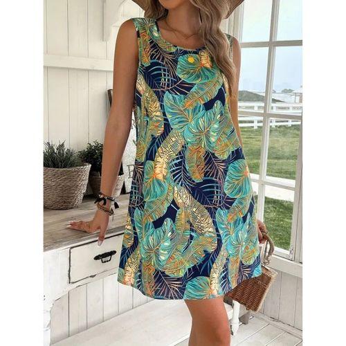 Kadın Sıfır Kollu Yuvarlak Yaka Desenli Süprem Elbise