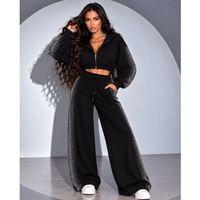 Kadın Taş Baskı Detaylı Fermuarlı Crop Sweatshirt Ve Geniş Paça Eşofman Takımı