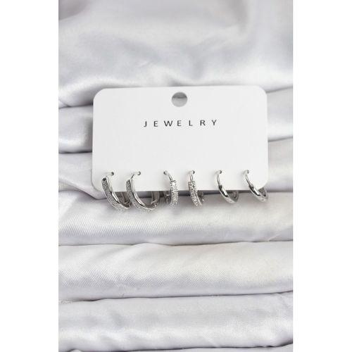 Zirkon Taşlı Gümüş Renk Pirinç Kadın Küpe Seti