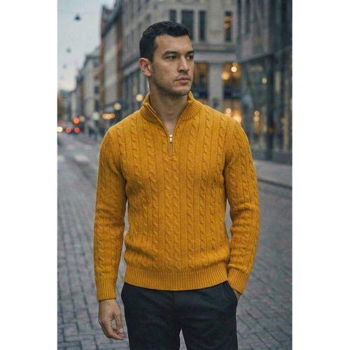 Bardem Saç Örgülü Yarım Fermuar Erkek Triko Kazak - Hardal