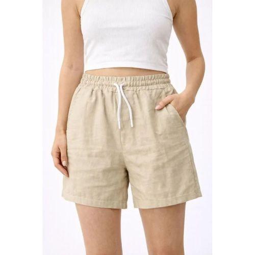 Keten Kumaş Cepli Rahat Kesim Bel Lastikli Şort - Bej