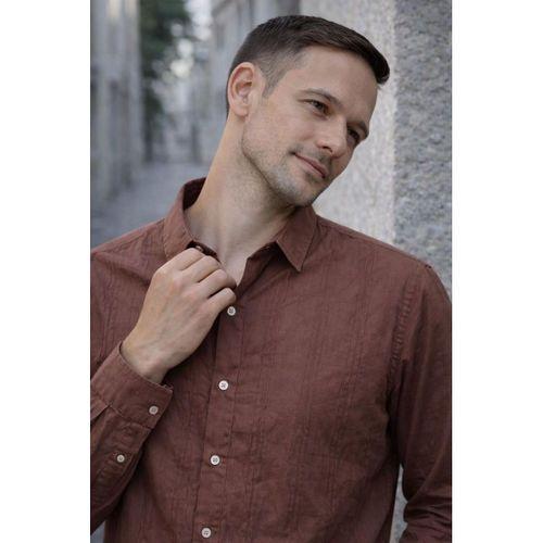 Proust Çizgili İnce Modal Kumaş Uzun Kollu Yazlık Erkek Gömlek - Kahve
