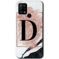 Tecno Pova Kılıf HD Desen Baskılı Arka Kapak+Temperli Cam - Pembe Mermer Desenli D Harfi