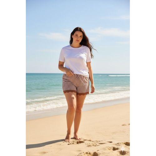 Çizgili Penye Kadın Ev Şortu Bacak Dantel Detaylı Ev Giyim Kahverengi