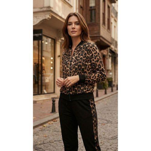 Kadın Uzun Kollu önden Fermuarlı Leopar Desen Detaylı Viskon Iki Iplik Kumaş Ikili Takım